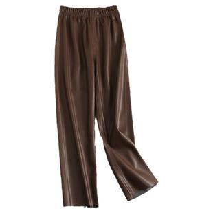 纯色松紧腰加厚垂感软皮PU皮裤宽松直筒裤百搭休闲裤女裤长裤H653