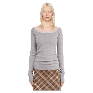 BM上衣女灰色低圆领长袖白色蕾丝领口纯欲风打底衫外穿纯欲风T恤