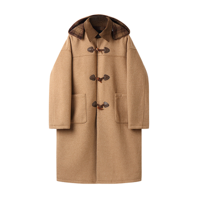 白口阳【英伦情书】英伦牛角扣格纹拼接可拆卸帽子毛呢大衣外套冬