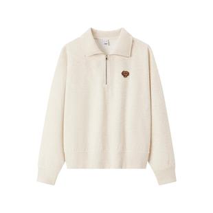 森马卫衣女冬半拉链立领小狗oversize条纹抓绒套头衫叠穿复古上衣