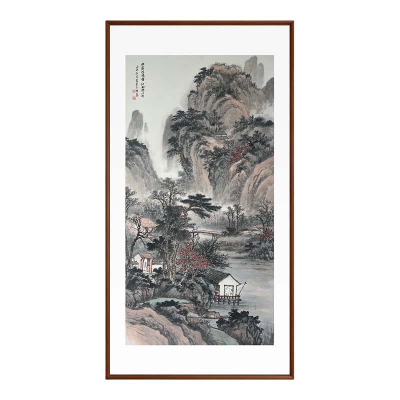 新中式国画山水玄关竖版挂画