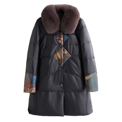 中长款女压花皮印花皮真皮鹅绒服