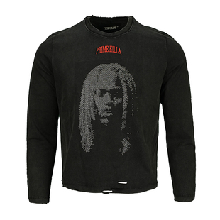 TGFCLUB 殺PRIME KILLA美式嘻哈街头重水洗破坏烫钻人像长袖T恤