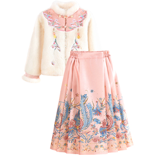 小虎帕蒂女童冬装新款中式花卉刺绣毛绒外套凤凰马面裙汉服套装
