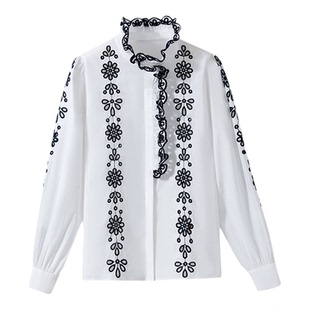 【浪漫清爽】100%高支精梳棉 重工马德拉雕孔镂空刺绣花边领衬衫