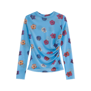 王润SOHANA2026春季上新春美花开长袖网纱设计辣妹y2k打底修身T恤