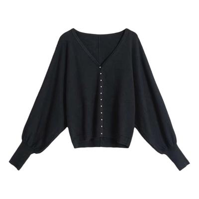 众复古风V领灯笼袖毛衣