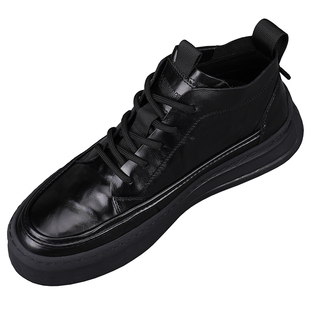 秋冬季高帮男鞋2025新款头层牛皮商务系带日常百搭厚底休闲板鞋男