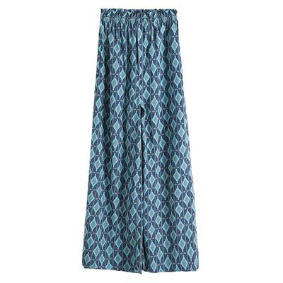 弥古蓝色格纹阔腿裤长裤