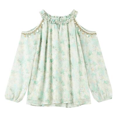 秋水伊人气质木耳边圆领雪纺衫2026年春季新款女优雅挖肩印花上衣