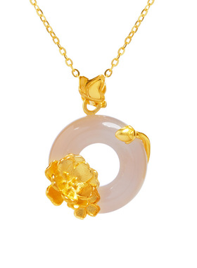 S925银白玉髓平安扣桃花吊坠项链