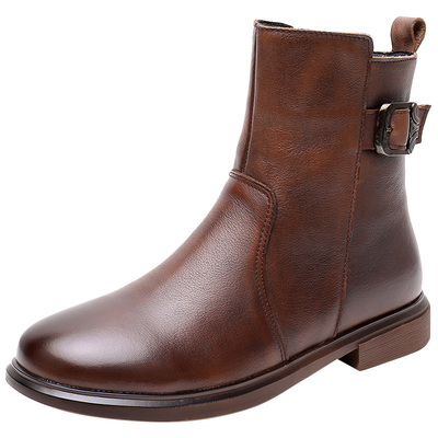 马丁靴女平底真皮鞋冬季大码