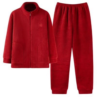 猫人红色睡衣女秋冬本命年马年加厚保暖中年妈妈珊瑚绒家居服套装