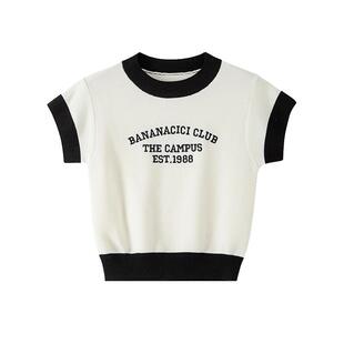 BANANA CICI2024年夏季新款环保撞色字母绣花莱塞尔针织T恤上衣