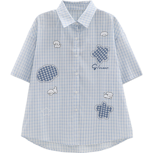 诺诺公主S1N初中生蓝色格子短袖衬衫女学院风印花T恤宽松POLO衫夏