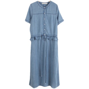 L65韩国女装新款2025天丝牛仔木耳边甜美短袖夏女连衣裙中长显瘦