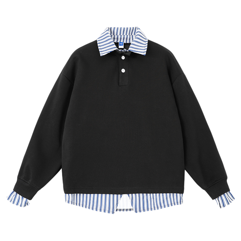 WASSUP潮牌黑色假两件条纹翻领男士卫衣2025春秋新款痞帅工装上衣