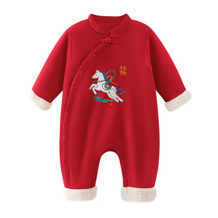 汤尼倍儿婴儿拜年服红色连体衣冬加厚棉服马年宝宝新年服周岁礼服