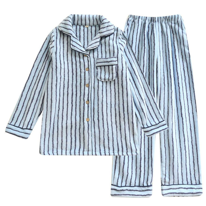 条纹珊瑚绒情侣加厚家居服