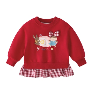 女童加绒卫衣冬季小女孩薄绒红色上衣秋冬三岁女宝宝假两件打底衫