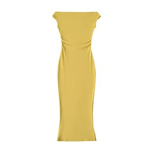 YoungGirlDay纯欲风性感一字肩修身褶皱收腰开叉中长款包臀连衣裙