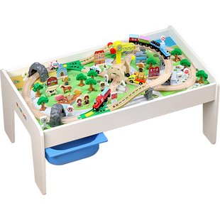 EDWONE木轨道车遥控火车木制儿童木制玩具桌男孩大颗粒拼装积木桌