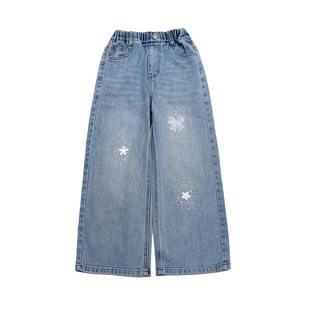 女童裤子春秋2026烫钻亮闪闪蝴蝶牛仔裤儿童中大童时尚洋气直筒裤