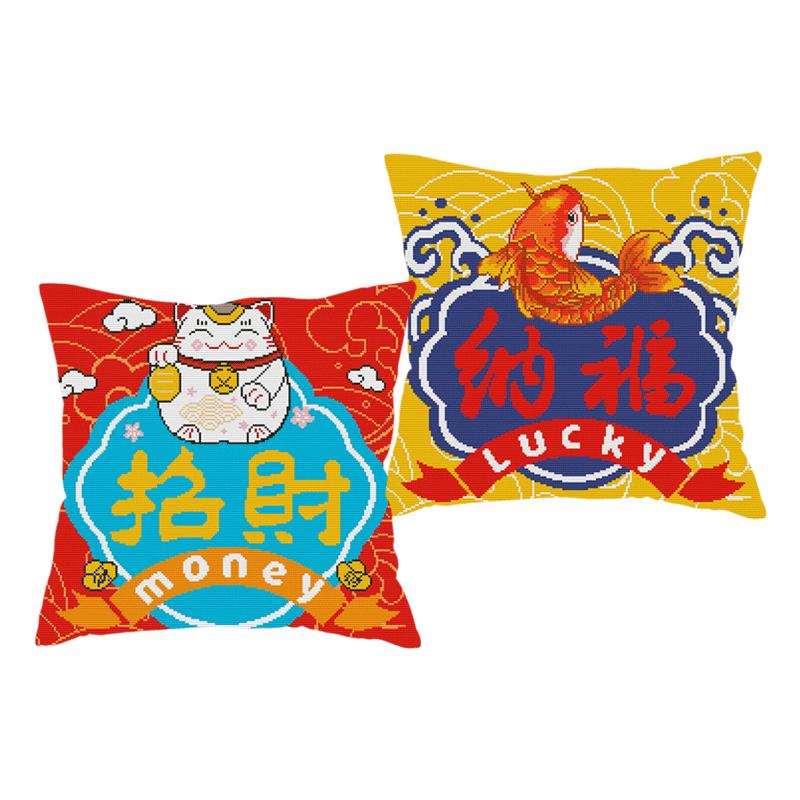 十字绣抱枕国潮喜庆招财纳福靠枕客厅沙发卧室抱枕套简单手工自绣