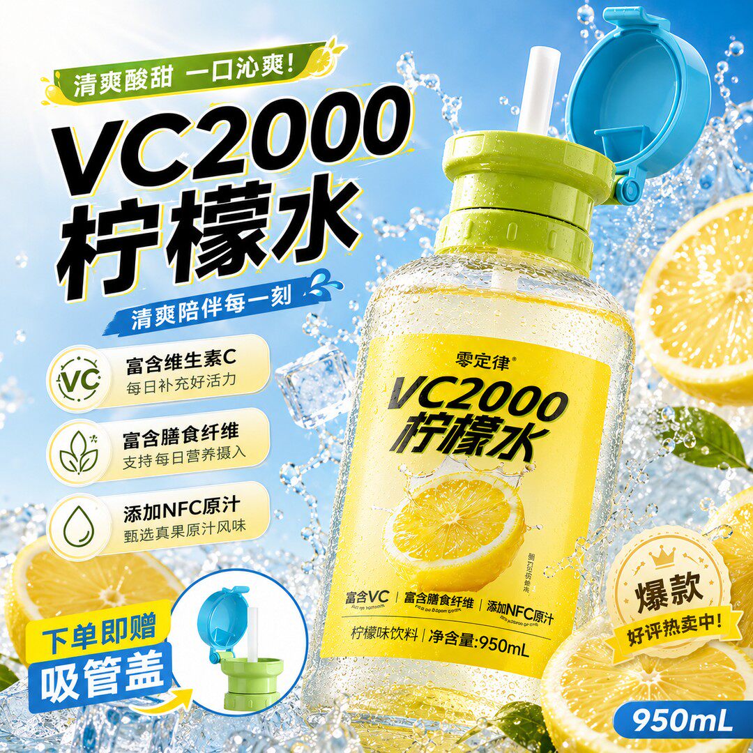 960ml*4瓶 赠吸管VC2000柠檬水0糖0脂微甜微酸维生素C水果饮料