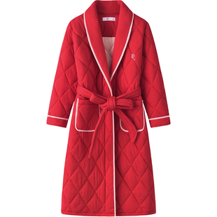睡衣女秋冬季纯棉外套加厚三层夹棉睡袍红色本命年长款家居服套装