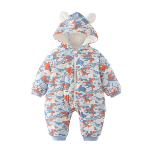 巴布豆婴儿连体衣连帽夹棉爬服外出冬款260g加厚男女宝宝保暖哈衣