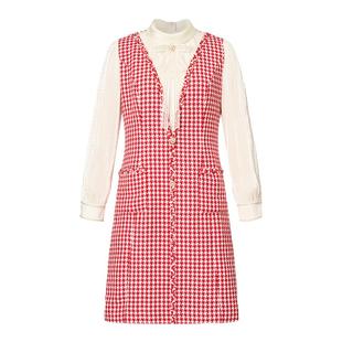 Koradior珂莱蒂尔春季优雅气质泡泡袖千鸟格H型连衣裙女