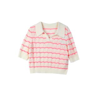NEELLY纳俪波浪条纹针织衫女粉色镂空通勤气质五分袖V字翻领上衣