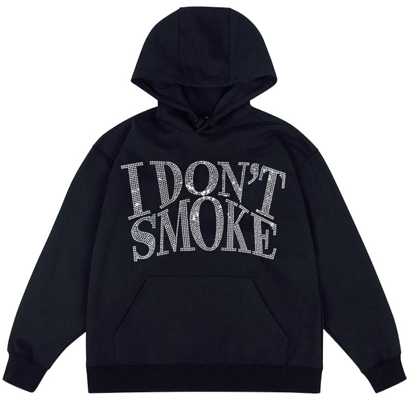 美式潮牌IDONTSMOKE拒绝吸烟国潮水钻纯棉美式风连帽情侣烫钻卫衣