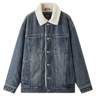 森马牛仔外套男冬季棉服2025新款街头复古做旧仿羊羔毛翻领夹克潮