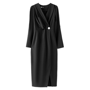 黑色长裙连衣裙秋冬2025新款长袖V领高端气质修身显瘦包臀长款裙