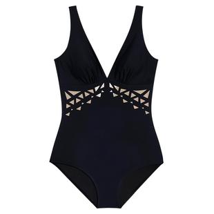 爱慕夏时女海边沙滩温泉收腰显瘦性感深V领镂空连体泳衣AM68B312