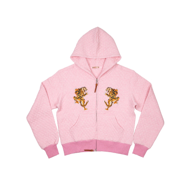 年九一口贰 上山虎刺绣菱形格粉色卫衣冬季加厚拉链开衫外套男女