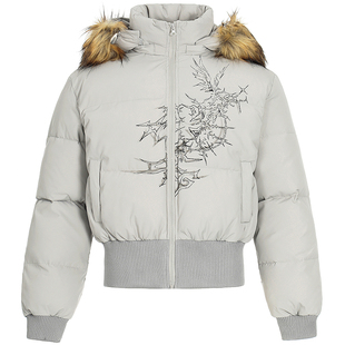 OV原创美式毛领可拆卸收腰连帽棉服女冬季短款显瘦保暖棉衣棉袄潮