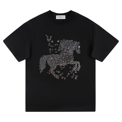 BAIRBAOLIY高端欧货潮牌重工战马烫钻短袖T恤男轻奢高品休闲上衣