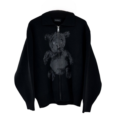 潮牌秋冬重磅翻领毛衣外套男国潮卡通小熊宽松青年保暖拉链针织衫