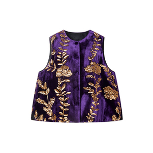 JINGJING2025新款“紫罗金蔓”真丝丝绒亮片钉珠重工中式马甲