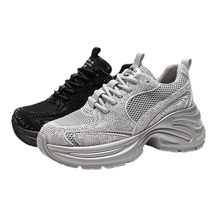 千百度厚底烫钻增高老爹鞋女款秋季新款透气网面鞋运动休闲鞋