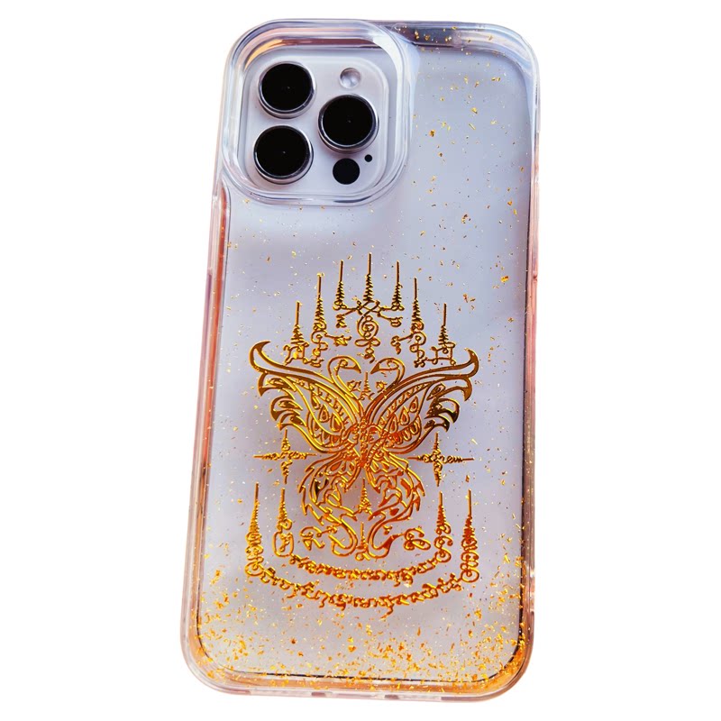 招财蝴蝶手机壳适用苹果17发财iphone16透明金色泰国风经文15plus女神款14奢华风金箔13pro全包防摔202