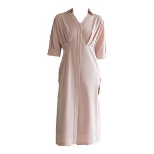 【到手99元】法式V领翻领五分袖高腰衬衫裙气质收腰裙子中长款女