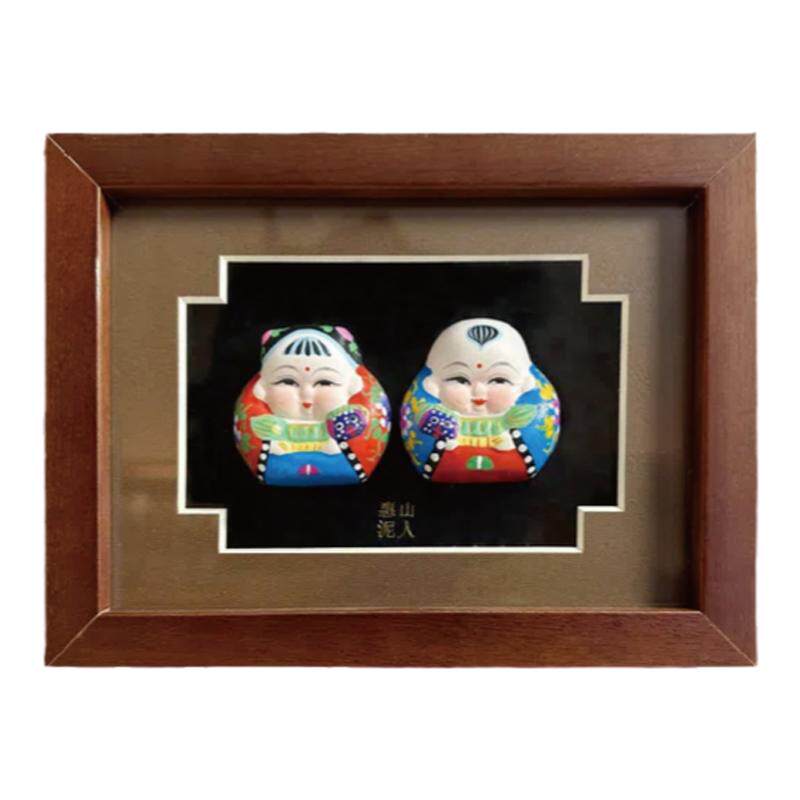 无锡惠山泥人小相框《抱狮阿福》泥塑摆件手工品家居书房装饰送礼