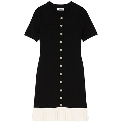 SANDRO扣饰黑白撞色百褶连衣裙