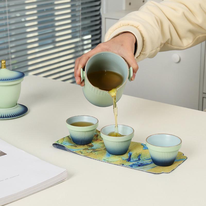 渐变旅行快客杯陶瓷一壶三杯便携式履行功夫茶具套装茶杯礼品