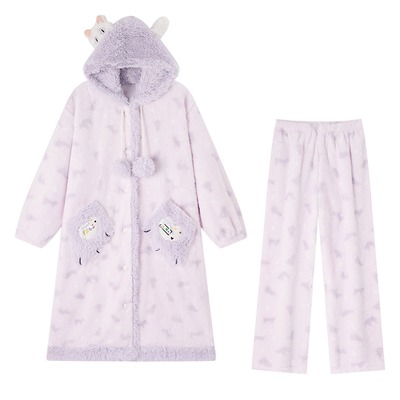 BE珊瑚绒猫咪睡袍冬套装女新品
