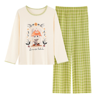 浪莎纯棉睡衣女带胸垫一体春秋款套装免穿文胸全棉秋季长袖家居服